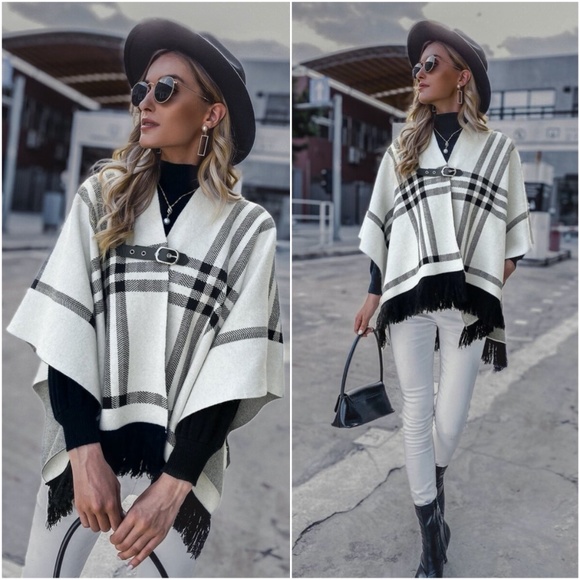 Sweaters - Classic plaid buckle closure tassel hem poncho cardigan